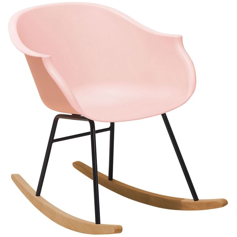 Petit Fauteuil Chaise à Bascule Assise en Plastique Rose et Pieds en Bois Design Rétro Scandinave pour Salon au Style Nordique Moderne Beliani