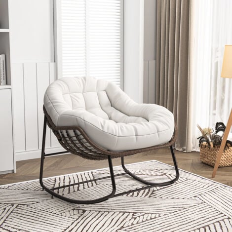 SUREH Chaise à bascule, chaise en rotin surdimensionnée avec coussin rembourré, chaises de loisir, chaise à bascule extérieure, chaise Papasan pour le confort intérieur et extérieur, crème