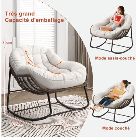 SUREH Chaise à bascule de patio avec coussin rembourré, chaise à bascule en rotin en forme d'œuf, chaise inclinable à bascule, beige
