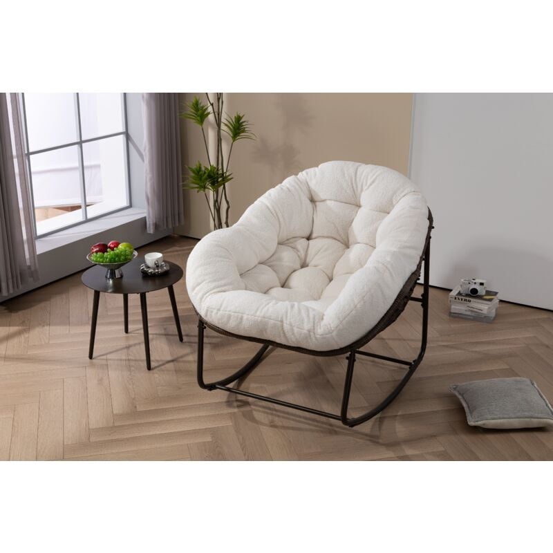 Chaise à bascule d'extérieur en rotin, fauteuil inclinable à bascule à coussin rembourré pour porche, salon, patio, jardin, blanc