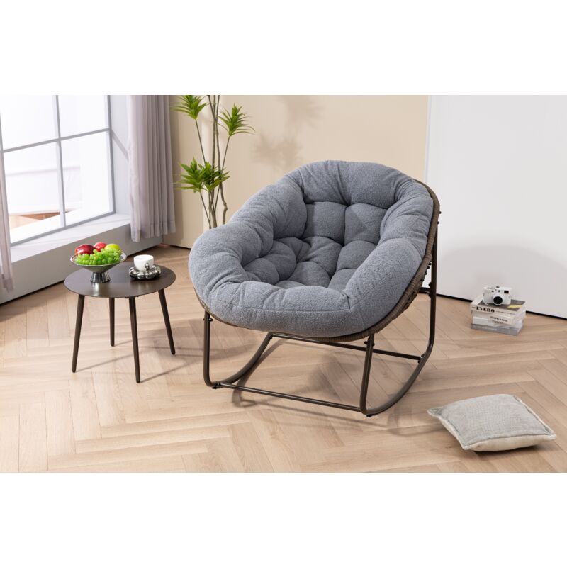 Chaise à bascule d'extérieur en rotin, fauteuil inclinable à bascule à coussin rembourré pour porche, salon, patio, jardin, gris