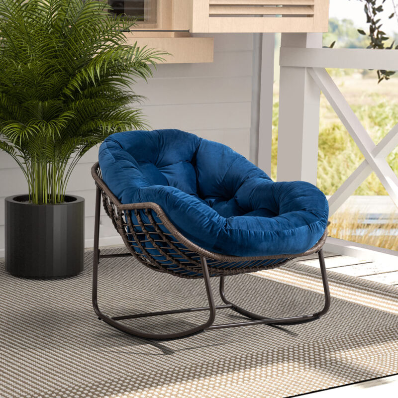 Chaise à bascule d'extérieur en rotin, fauteuil inclinable à bascule à coussin rembourré pour porche, salon, patio, jardin, bleu marine