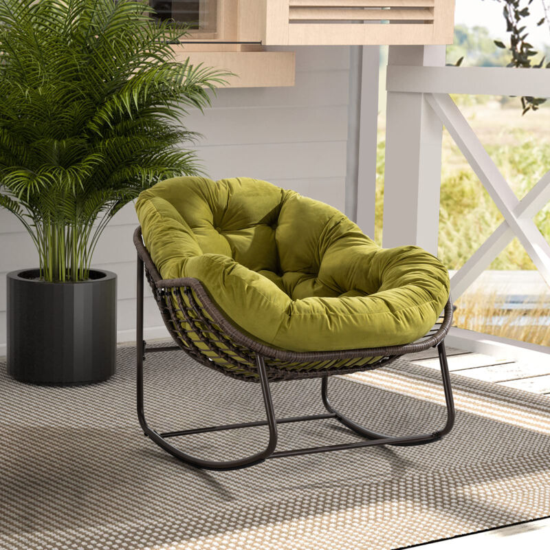 Chaise à bascule d'extérieur en rotin, fauteuil inclinable à bascule à coussin rembourré pour porche, salon, patio, jardin, vert olive