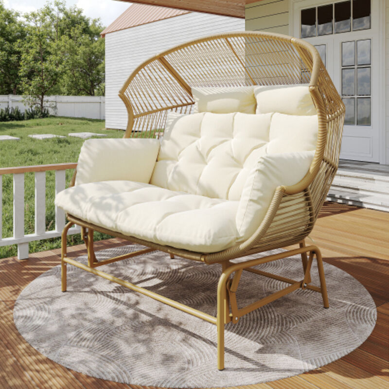 Chaise à bascule double de jardin 145x85x143cm - Chaise à bascule - Rotin PE + fer + toile imperméable - Naturel