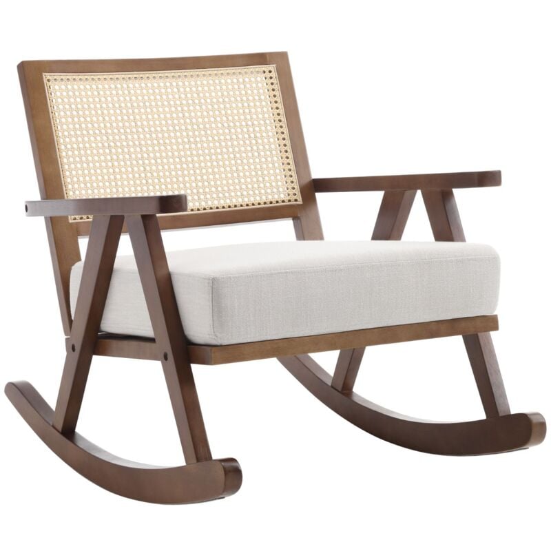 Fauteuil à Bascule Rembourré pour Salon Chambre Chaise Relax Berçante en Lin Fauteuil de Loisirs avec Pieds en Bois, Marron