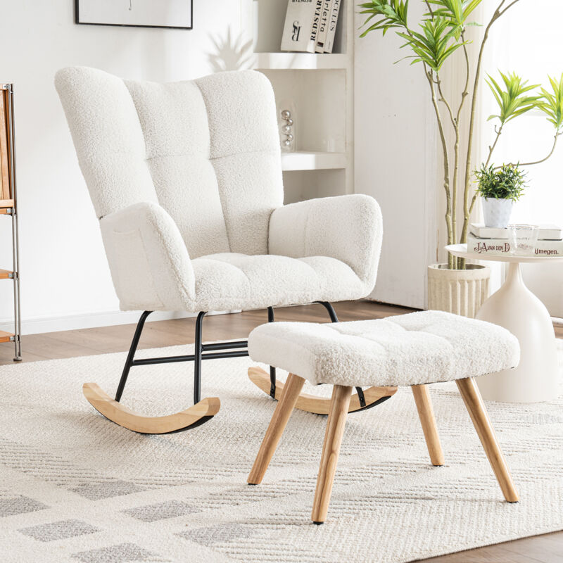 Okwish - Chaise à bascule ergonomique chaise longue blanche, cadre en bois d'hévéa robuste