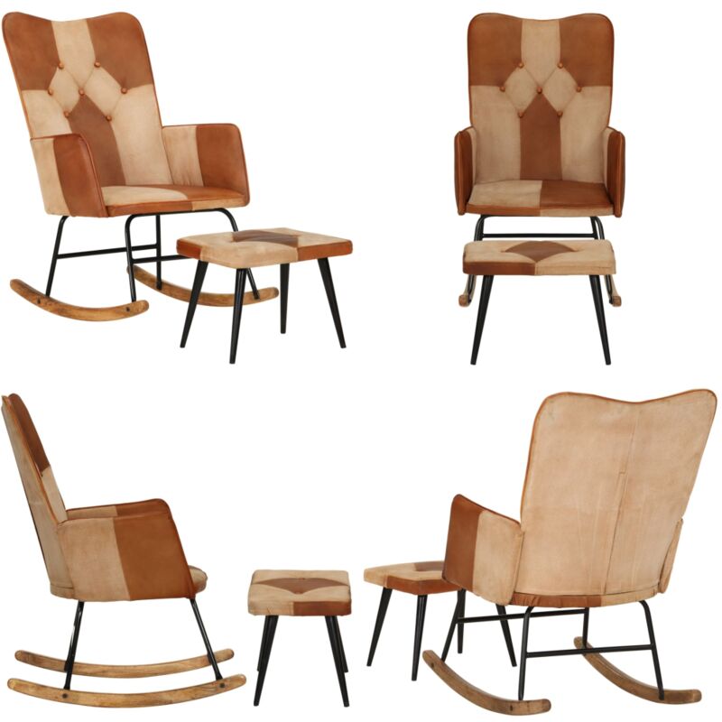 Vidaxl - Chaise à bascule et repose-pieds Marron Cuir véritable et toile - Fauteuil Inclinable - Chaise à Bascule - Chaise Relaxante - Mobilier De