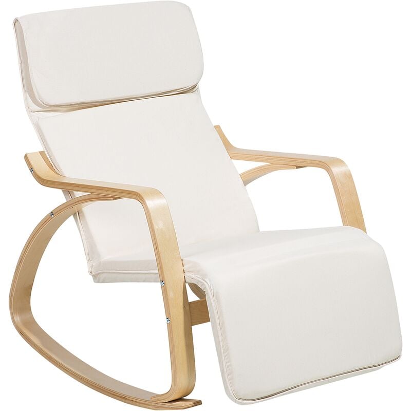 fauteuil à bascule relax en tissu blanc et bois clair avec repose-pied réglable et appui-tête pour salon au style moderne beliani bois clair