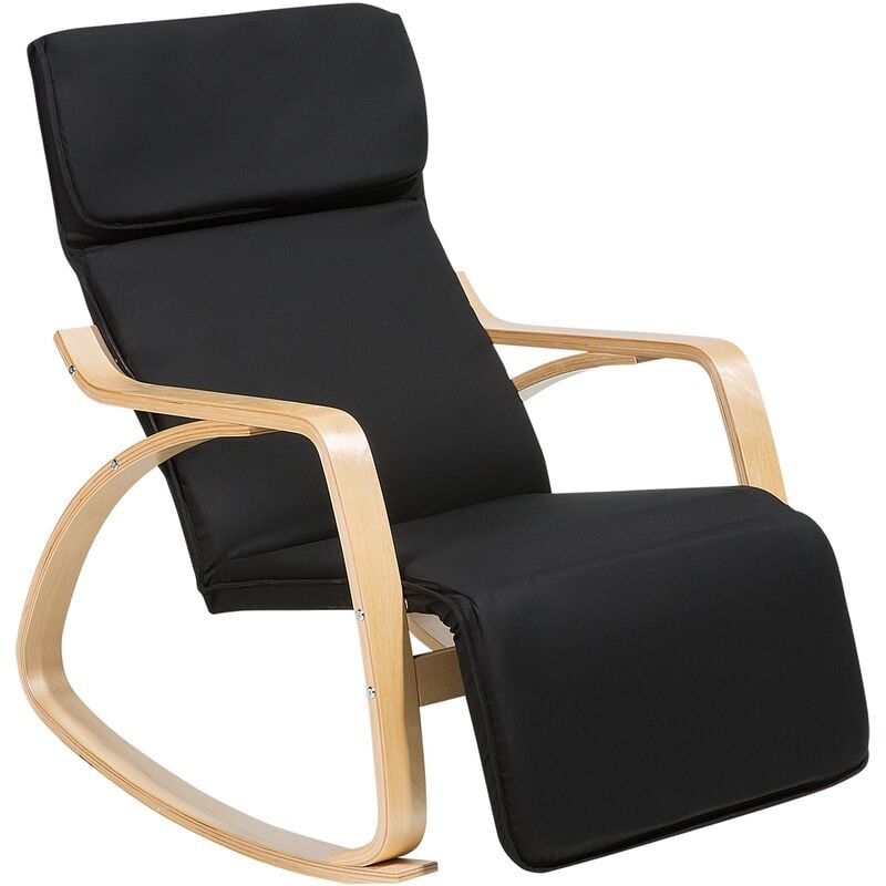 fauteuil à bascule relax en tissu noir et bois clair avec repose-pied réglable et appui-tête pour salon au style moderne beliani - bois clair