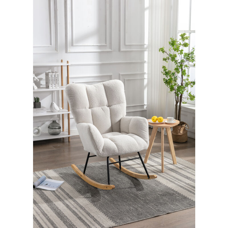 Chaise à bascule rembourrée en tissu Teddy moderne du milieu du siècle, siège rembourré pour salon et chambre à coucher, blanc