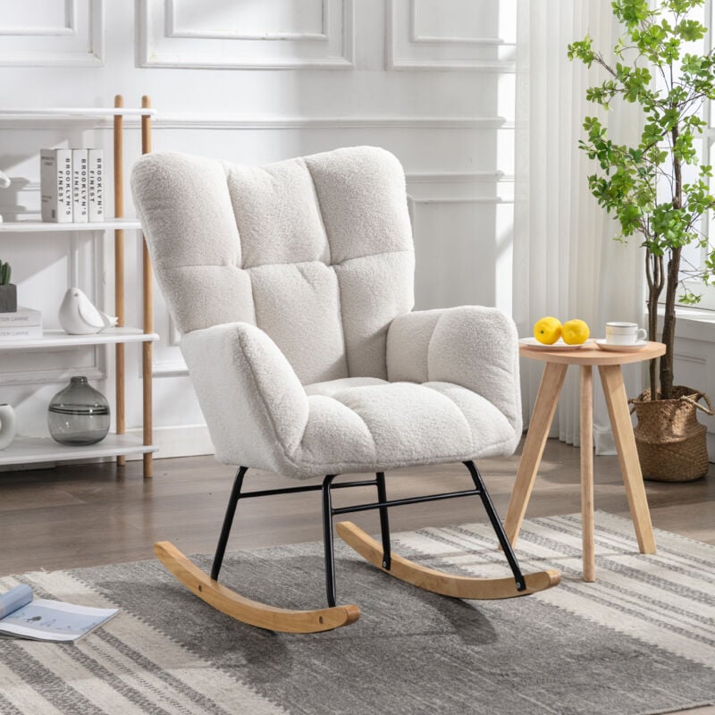 Chaise à bascule rembourrée en tissu Teddy moderne du milieu du siècle, siège rembourré pour salon et chambre à coucher, blanc