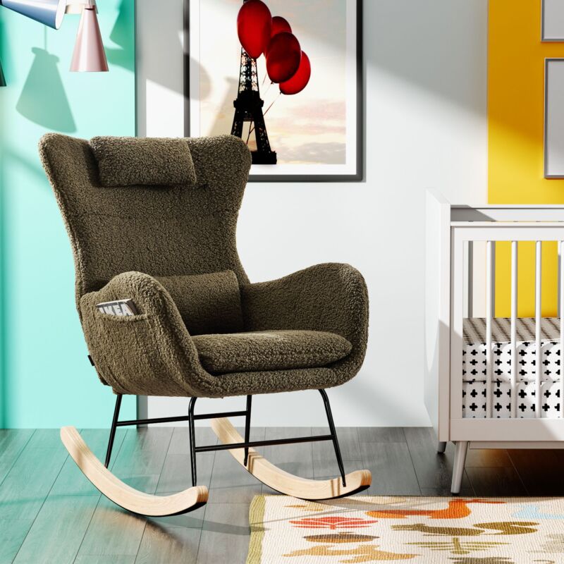 Rocking chair, Chaise à bascule, Fauteuil à bascule,avec dossier, pieds en bois, teddy, vert