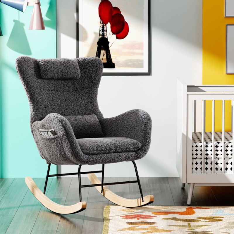 Rocking chair, Chaise à bascule, Fauteuil à bascule,avec dossier, pieds en bois, teddy, gris