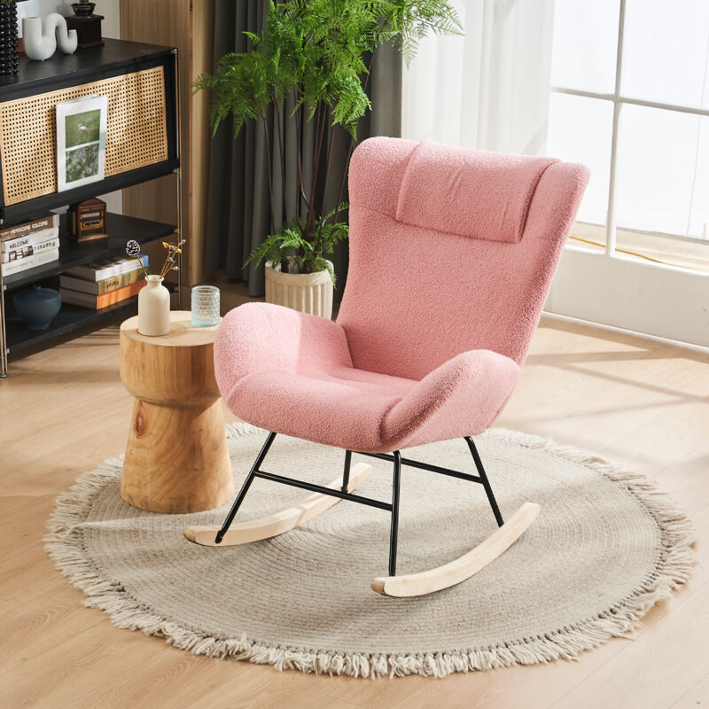 Rocking chair, Chaise à bascule, Fauteuil à bascule,avec dossier, pieds en bois, teddy, rose