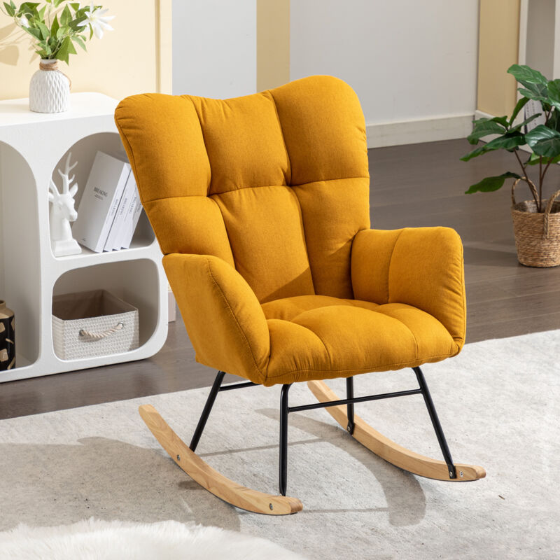 Rocking chair, chaise à bascule, siège rembourré pour salon et chambre à coucher, lin, jaune