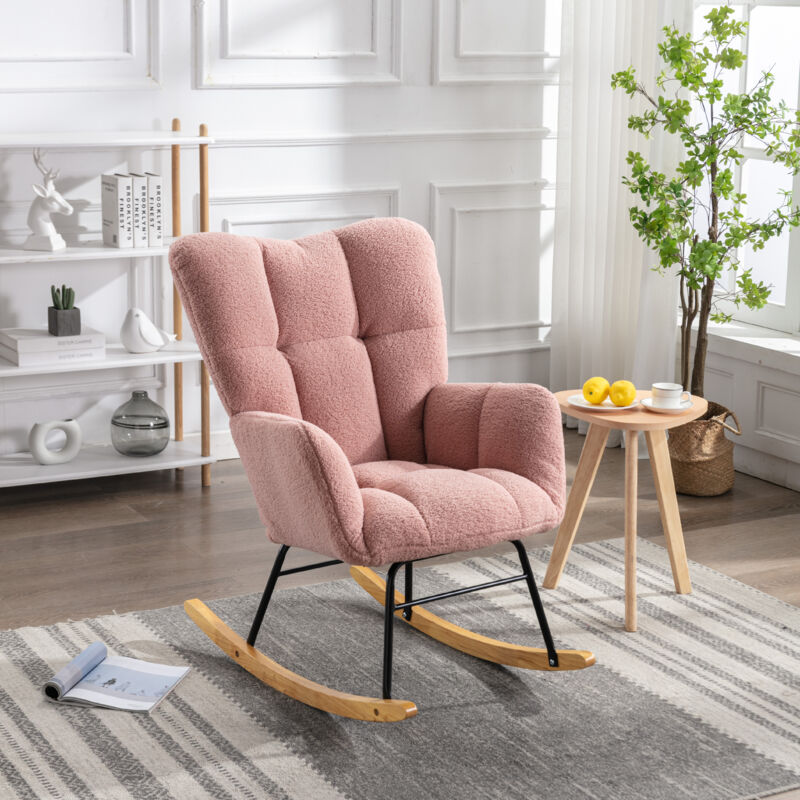 Rocking chair, chaise à bascule, siège rembourré pour salon et chambre à coucher, teddy, rose