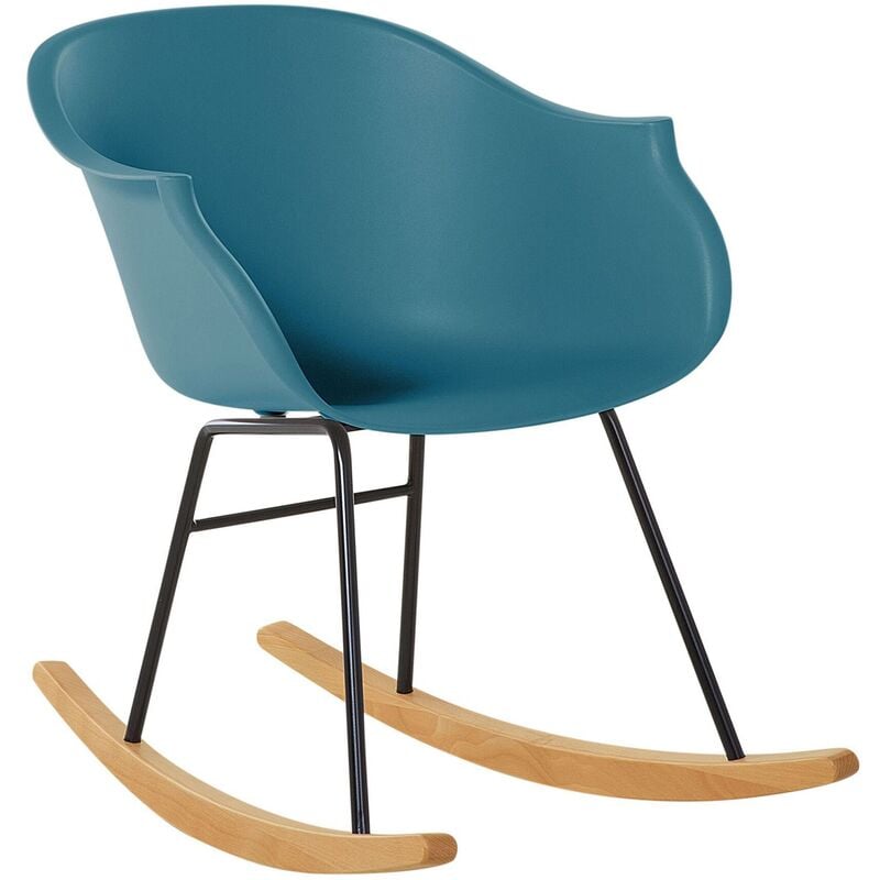 beliani - petit fauteuil chaise à bascule assise en plastique vert foncé et pieds en bois design rétro scandinave pour salon au style nordique
