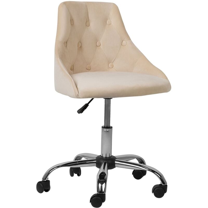 Chaise à Roulettes en Velours Beige sur Pied Chromé Réglable Dossier Capitonné Tendance et Design Rétro Glamour pour Coin Bureau Beliani