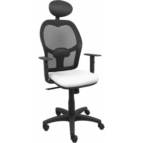 Chaise Alocén maille noire siège en simili cuir white accoudoirs réglables appui-tête fixe.