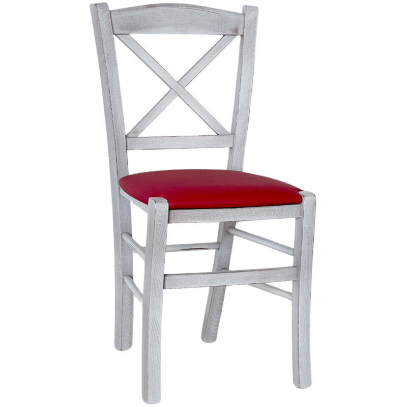 Chaise antique en bois avec croix vénitienne blanche et assise rouge