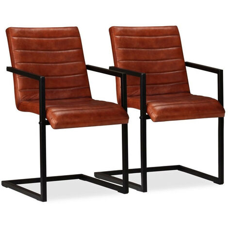 Chaise avec accoudoirs cuir marron et pieds métal noir Kandyas - Lot de 2