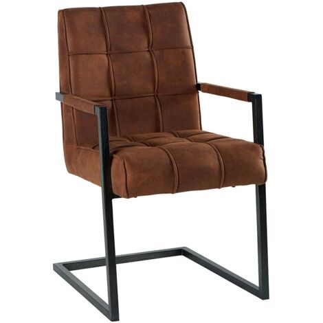 Chaise avec accoudoirs en tissu marron havane capitonné quadrillé et pieds métal 55x65x90cm KERALA