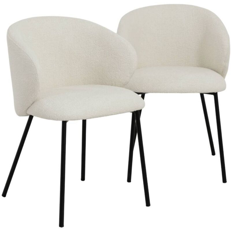 Chaise avec accoudoirs ronds en tissu bouclette écru clair et pieds en métal Cléa (lot de 2)