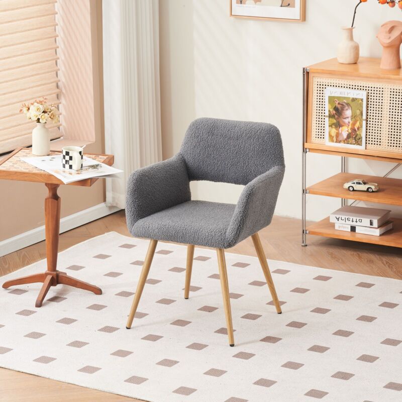 Eifson - Chaise, avec accoudoirs, tissu polaire pelucheux, pieds en bois massif, adaptée au salon et à la chambre, chaise de maquillage - Gris