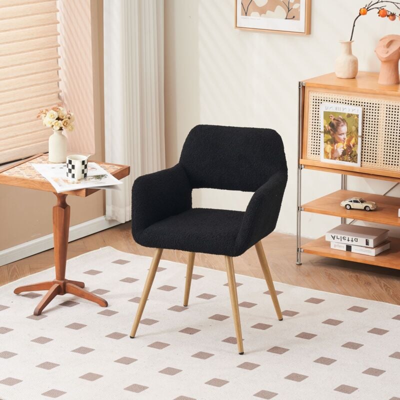 Chaise, avec accoudoirs, tissu polaire pelucheux, pieds en bois massif, adaptée au salon et à la chambre, chaise de maquillage - Noir