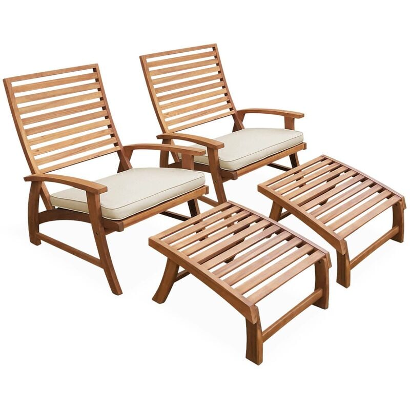 Sweeek - Lot de 2 chaises relax avec repose pieds en bois d'acacia . Puebla Teck / Beige