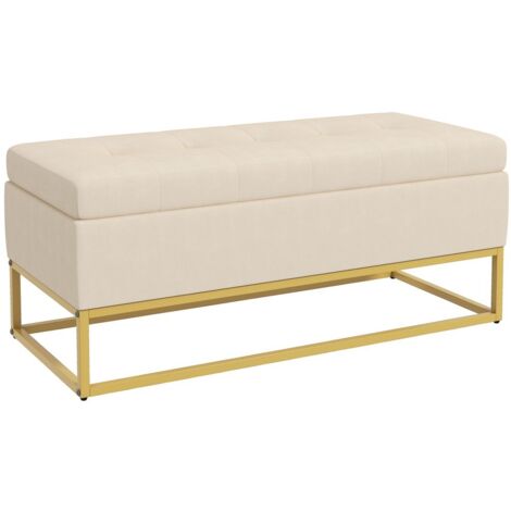Chaise Banc avec Rangement Rembourré Couvercle Rabattable Velours Beige Pieds Acier 110x44x49 cm pour Couloir Salon