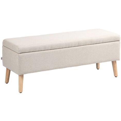 Chaise Banc Multifonction Rangement 110x39x45 cm Avec Plateau en Hévéa Aspect Lin Beige Couloir Chambre Salon