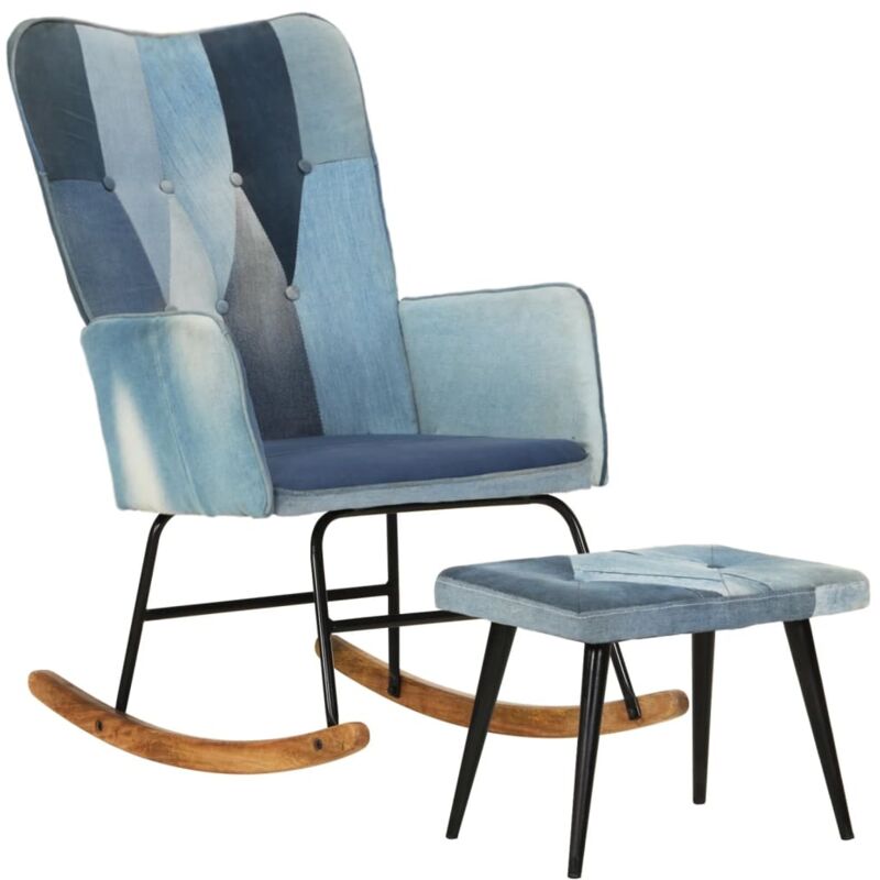 Chaise à bascule avec repose-pied Denim Bleu Toile patchwork Vidaxl