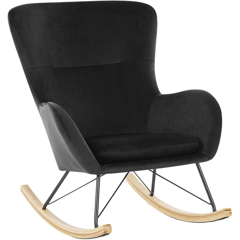 beliani - fauteuil à bascule rétro en velours noir rembourrage de qualité supérieure ellan - bois clair