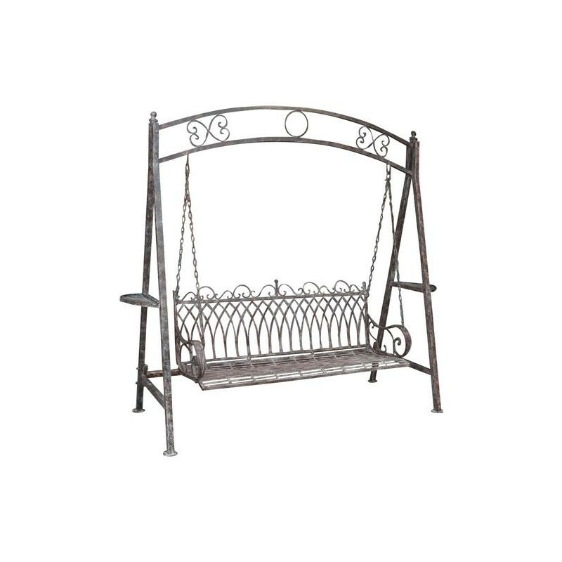 Chaise à bascule trois places en fer forgé, finition rouille antique