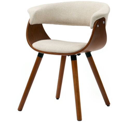 Chaise beige en lin rembourrée avec dossier - Pieds en bois massif - Design élégant pour salle à manger & cuisine