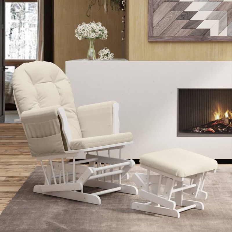 Vidaxl – Chaise berçante avec repose-pied – Tissu polyester blanc crème – Bois d'hévéa massif – Dimensions 70x72x107 cm – Confort optimal
