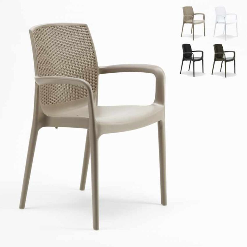 Grand Soleil – Fauteuil de jardin empilable en poly-rotin – Accoudoirs confortables – Dimensions 55x59x84cm – Pour cafés et piscines privées