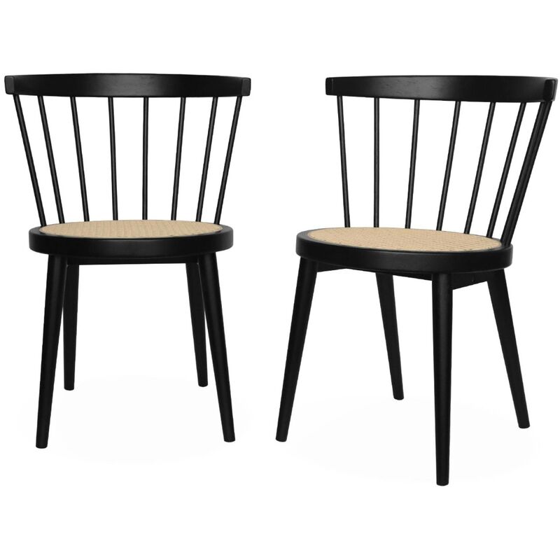 Sweeek - Lot de 2 chaises noires en bois et cannage. Nora. l 54 x p 54 x h 76.5cm