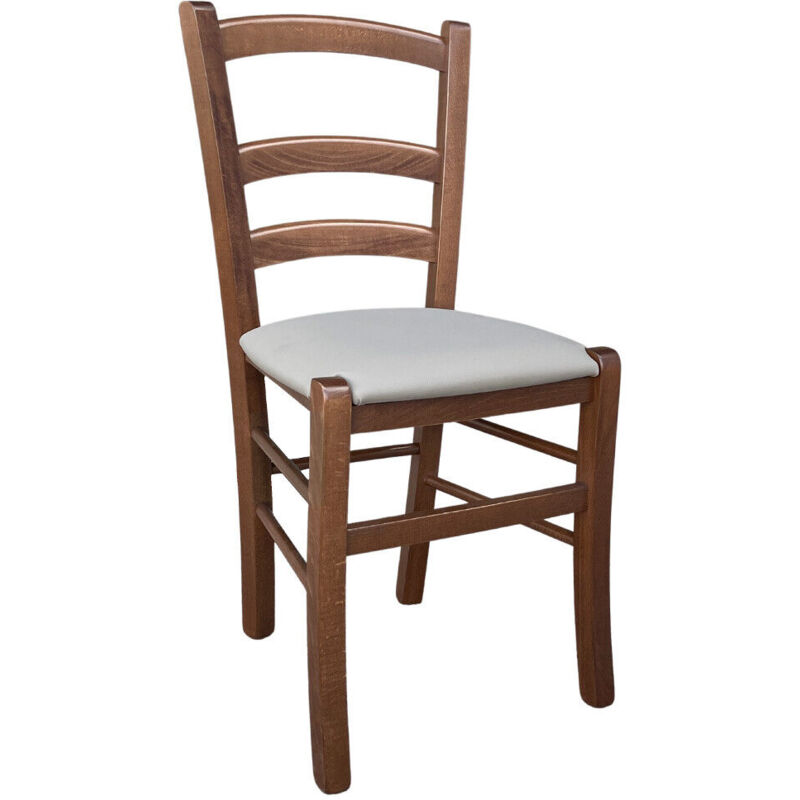 Chaise en bois vénitien en noyer foncé avec assise rembourrée en similicuir gris tourterelle