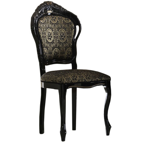 Chaise bois vernis laqué brillant et assise tissu noir avec motifs dorés Kerla