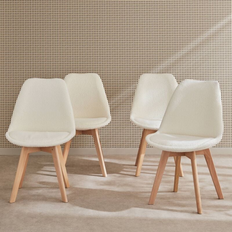 Lot de 4 chaises scandinaves nils revêtement bouclette blanche. pieds bois de hêtre. chaise 1 place