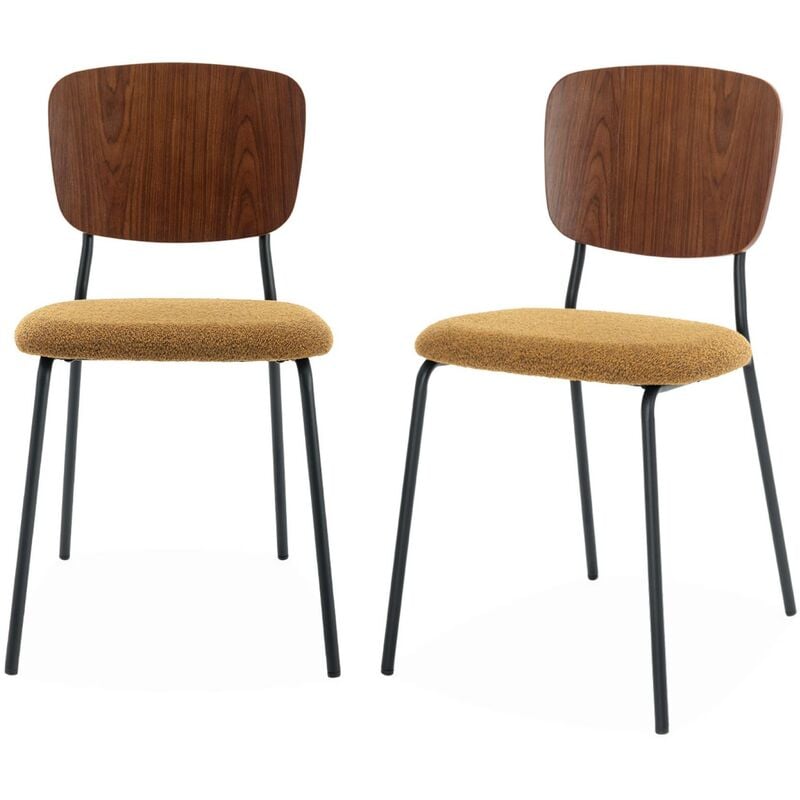 Sweeek - Lot de 2 chaises assise bouclette texturée moutarde. dossier bois de peuplier courbé. pieds en métal noir mat