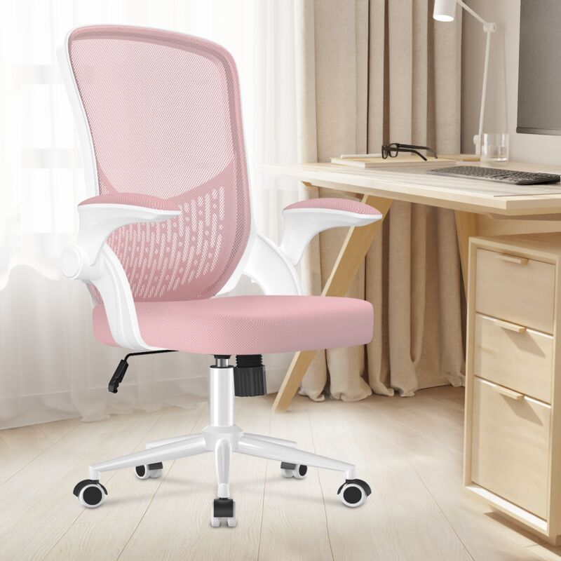 Wowttrelax - Chaise a roulette avec Accoudoirs Rabattables à 90° avec Fonction Swing - Chaise de bureau petit espace - Rose