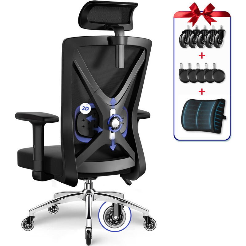 Chaise bureau ergonomique avec soutien lombaire réglable, fauteuil de bureau avec accoudoirs réglables et base en métal, Équipé de roulettes