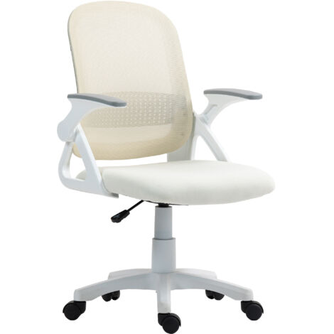 Chaise bureau ergonomique blanche, fauteuil en filet avec accoudoirs relevables et hauteur ajustable