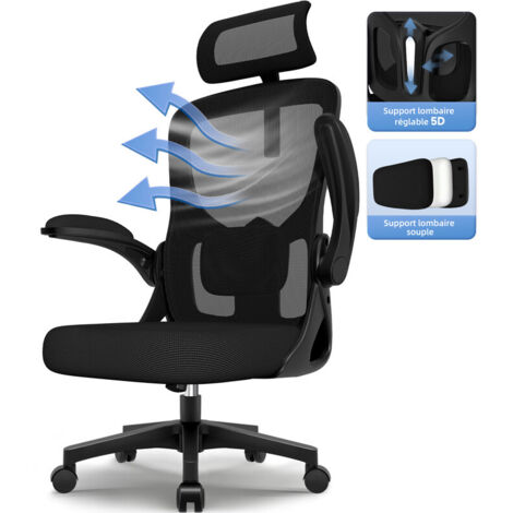 Chaise Bureau Ergonomique, Chaise de Bureau avec Accoudoirs Pliables, Lombaire Réglable, Fauteuil de Bureau Inclinable Pivotant avec Appui-tête 150kg