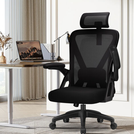 Chaise bureau ergonomique, fauteuil de bureau confortable à roulettes, accoudoirs rabattables  et support lombaire confortable, siège bureau avec appui-tête 150kg