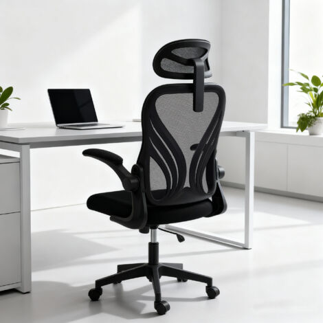 Chaise bureau, fauteuil de bureau en maille, dossier rabattable, appui-tête 2D, accoudoirs relevables, 73x62x136cm, noir