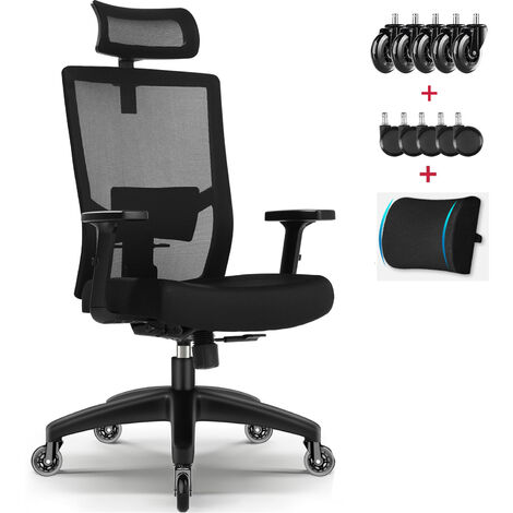 Chaise Bureau, Fauteuil de Bureau Ergonomique avec Dossier Haut Inclinable, Soutien Lombaire Ajustable, Hauteur Accoudoirs Réglables avec Coussin Lombaire et Roulettes Silencieuses Supplémentaires